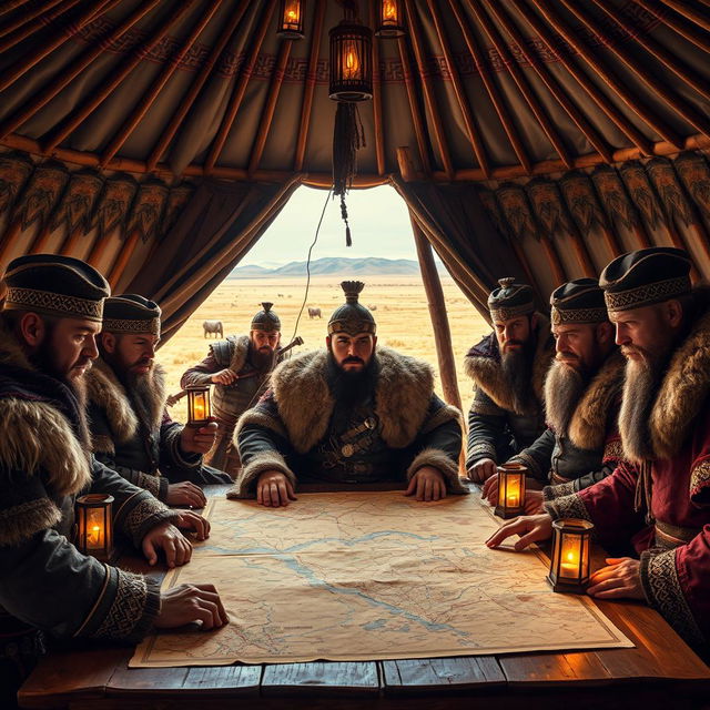 A dramatic scene of a war council featuring Genghis Khan in a traditional Mongolian yurt