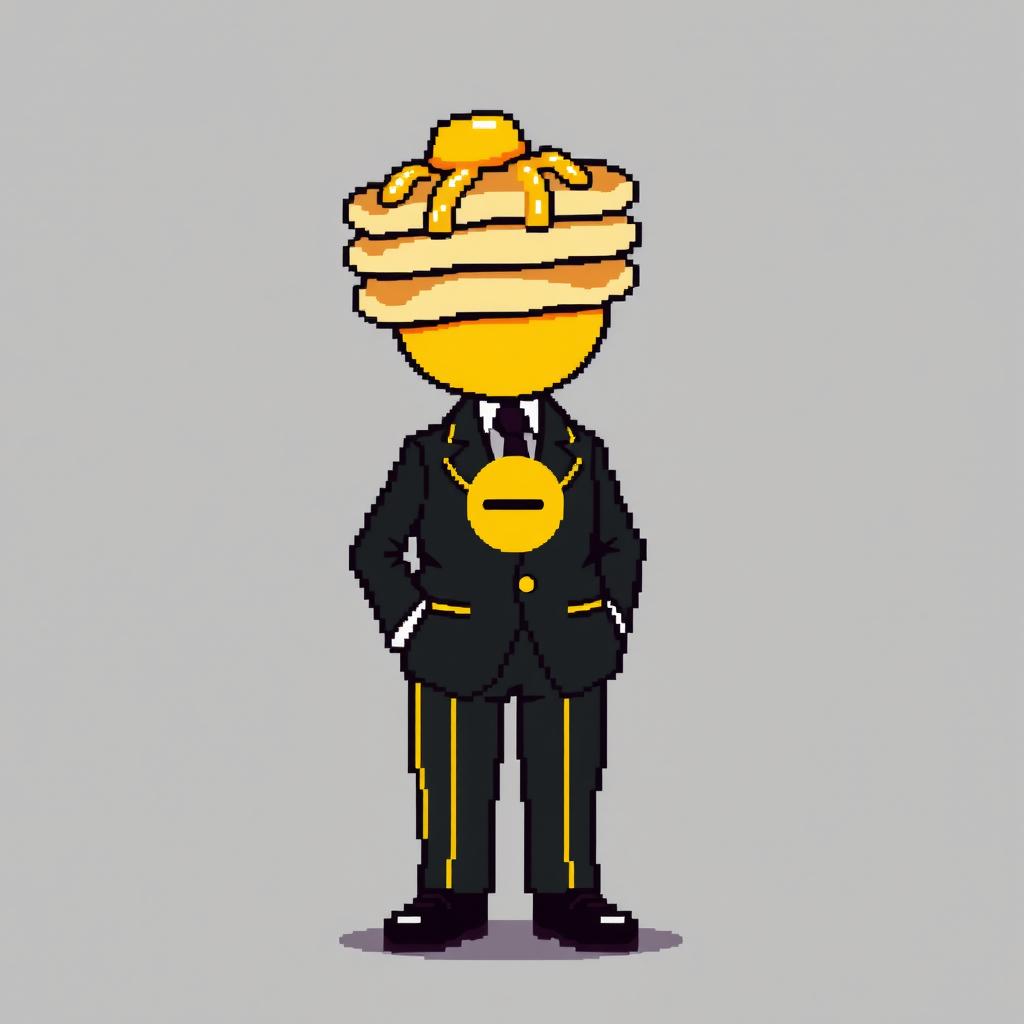 A pixel art character dressed in a black suit featuring yellow lines, with pancakes topped with syrup placed on their head