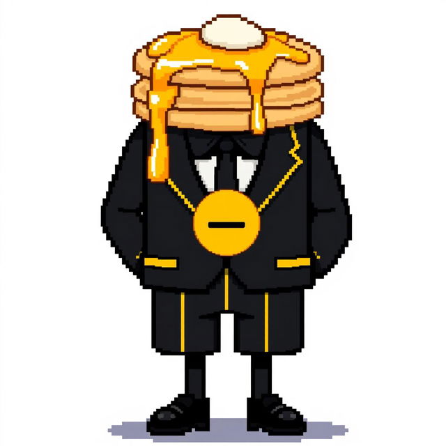 A pixel art character dressed in a black suit featuring yellow lines, with pancakes topped with syrup placed on their head