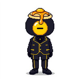 A pixel art character dressed in a black suit featuring yellow lines, with pancakes topped with syrup placed on their head