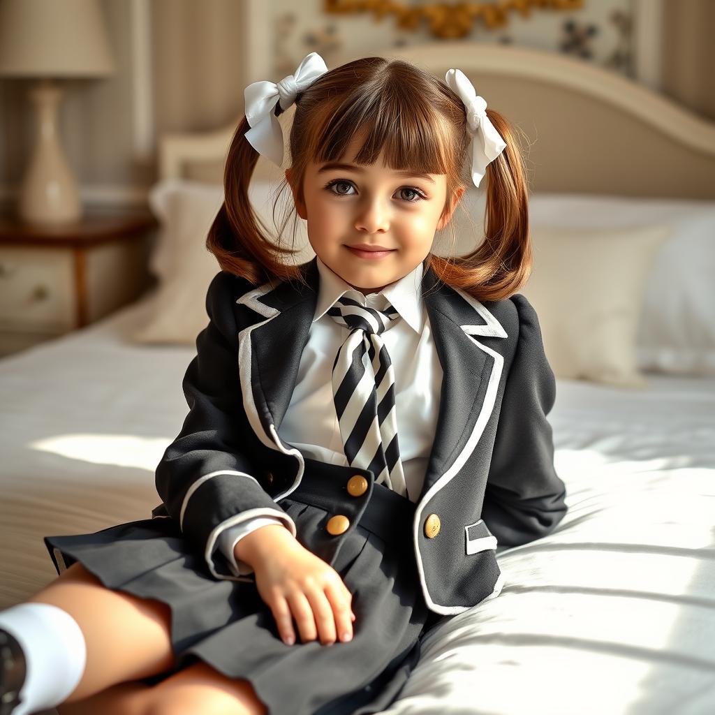 A portrait of a European girl in a cozy, elegantly decorated bedroom