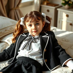 A portrait of a European girl in a cozy, elegantly decorated bedroom