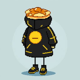 A pixel art character dressed in a black outfit featuring yellow lines, with pancakes topped with syrup sitting on their head