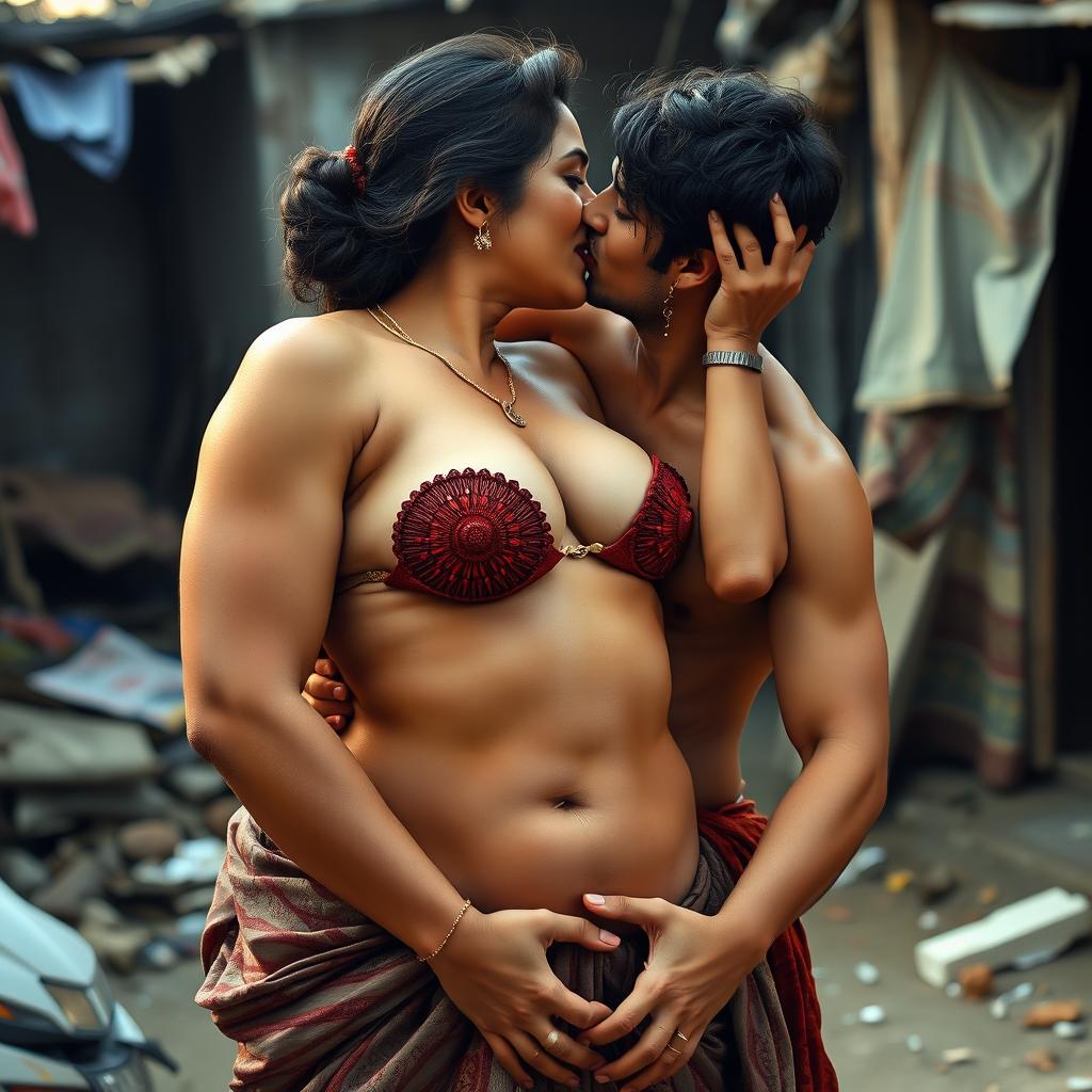 A captivating scene set in a contrasting environment, featuring a wealthy Indian woman resembling Nushrat Bharucha sharing an intimate moment with a less fortunate man in a slum