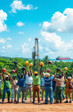 A vibrant and dynamic scene depicting the discovery of oil in Guyana