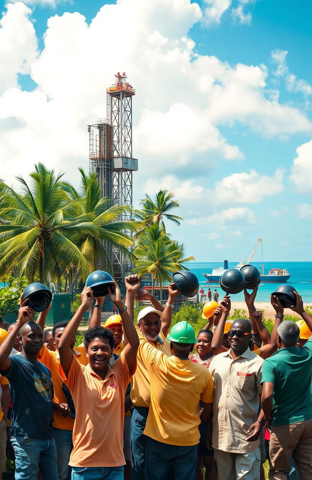 A vibrant and dynamic scene depicting the discovery of oil in Guyana