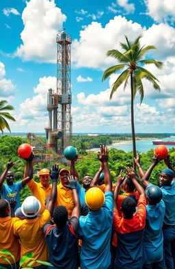 A vibrant and dynamic scene depicting the discovery of oil in Guyana