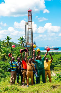 A vibrant and dynamic scene depicting the discovery of oil in Guyana