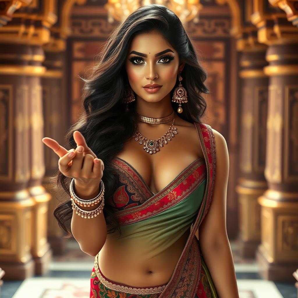 An alluring Indian woman, dressed in a traditional yet seductive outfit, showcasing her beauty and confidence