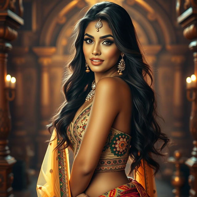 An alluring Indian woman, dressed in a traditional yet seductive outfit, showcasing her beauty and confidence