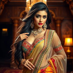An alluring Indian woman, dressed in a traditional yet seductive outfit, showcasing her beauty and confidence