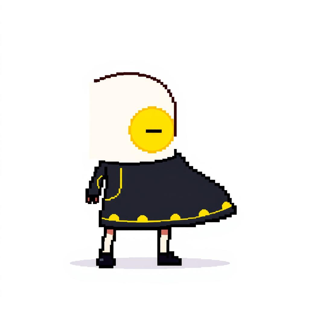 A pixel art character dressed in a sleek black outfit adorned with yellow lines