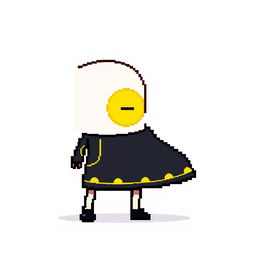 A pixel art character dressed in a sleek black outfit adorned with yellow lines