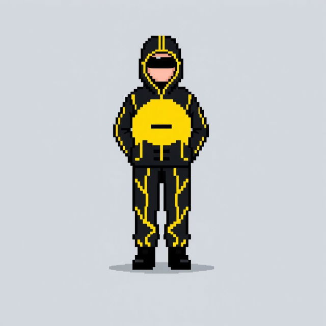 A pixel art character dressed in a sleek black outfit adorned with yellow lines