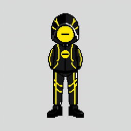 A pixel art character dressed in a sleek black outfit adorned with yellow lines