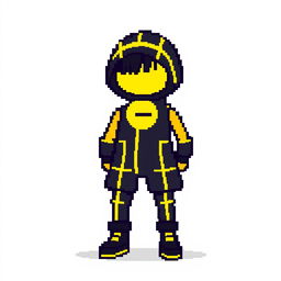 A pixel art character dressed in a sleek black outfit adorned with yellow lines