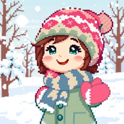A pixelated representation of a cute girl enjoying winter time, wearing a cozy, colorful winter outfit including a fluffy hat, scarf, and mittens