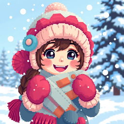 A pixelated representation of a cute girl enjoying winter time, wearing a cozy, colorful winter outfit including a fluffy hat, scarf, and mittens