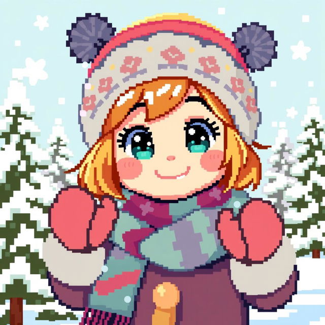 A pixelated representation of a cute girl enjoying winter time, wearing a cozy, colorful winter outfit including a fluffy hat, scarf, and mittens