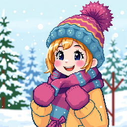A pixelated representation of a cute girl enjoying winter time, wearing a cozy, colorful winter outfit including a fluffy hat, scarf, and mittens