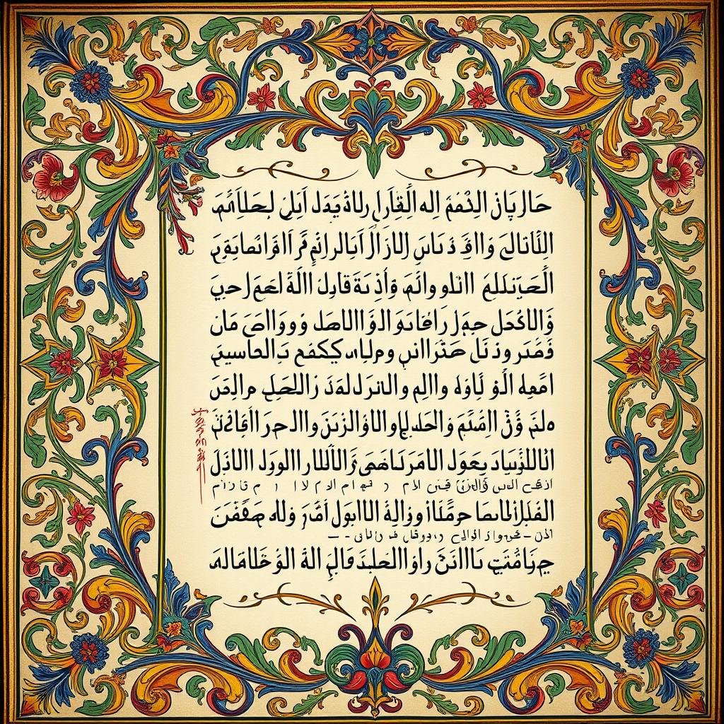 A beautifully illuminated manuscript page featuring Ancient Arabic poetry, adorned with intricate floral and geometric patterns typical of Islamic art