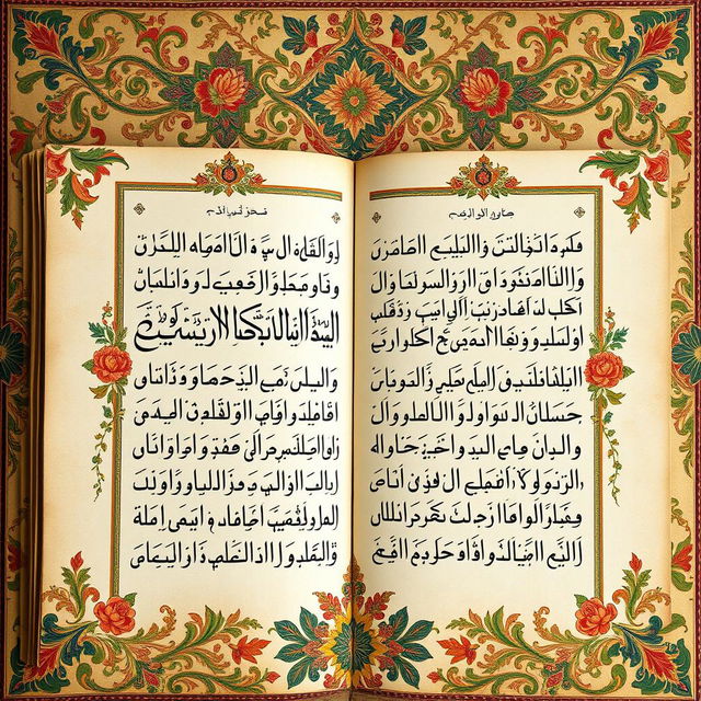 A beautifully illuminated manuscript page featuring Ancient Arabic poetry, adorned with intricate floral and geometric patterns typical of Islamic art