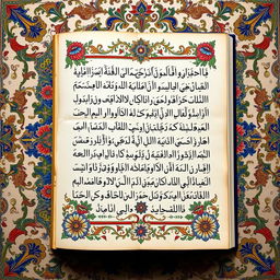 A beautifully illuminated manuscript page featuring Ancient Arabic poetry, adorned with intricate floral and geometric patterns typical of Islamic art