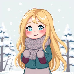 A cute pixel art style illustration of a girl with long, flowing blonde hair, dressed warmly for winter