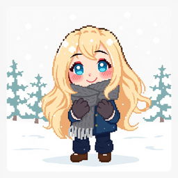 A cute pixel art style illustration of a girl with long, flowing blonde hair, dressed warmly for winter