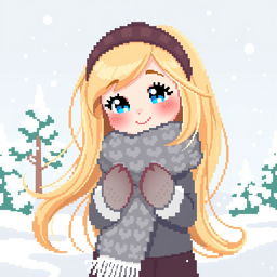 A cute pixel art style illustration of a girl with long, flowing blonde hair, dressed warmly for winter