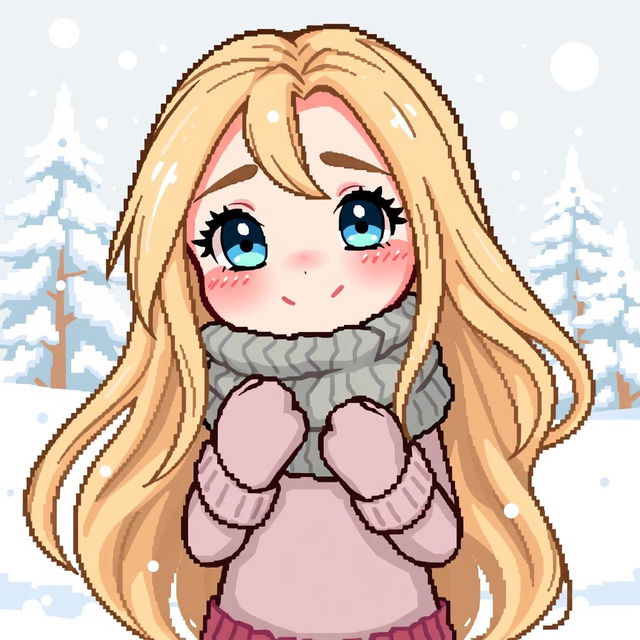 A cute pixel art style illustration of a girl with long, flowing blonde hair, dressed warmly for winter