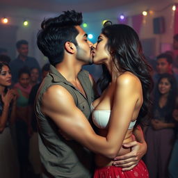 An intimate and lively scene capturing a college party atmosphere, featuring a woman resembling Nushrat Bharucha as a sensual college girl