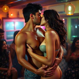 An intimate and lively scene capturing a college party atmosphere, featuring a woman resembling Nushrat Bharucha as a sensual college girl