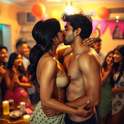 An intimate and lively scene capturing a college party atmosphere, featuring a woman resembling Nushrat Bharucha as a sensual college girl
