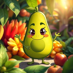 A Tzitzimitl represented as a whimsical avocado character, featuring a mischievous smile and cartoonish eyes