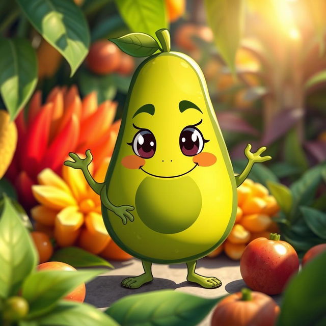 A Tzitzimitl represented as a whimsical avocado character, featuring a mischievous smile and cartoonish eyes