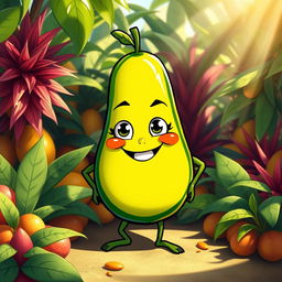 A Tzitzimitl represented as a whimsical avocado character, featuring a mischievous smile and cartoonish eyes