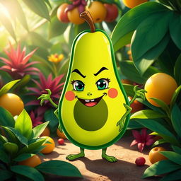 A Tzitzimitl represented as a whimsical avocado character, featuring a mischievous smile and cartoonish eyes