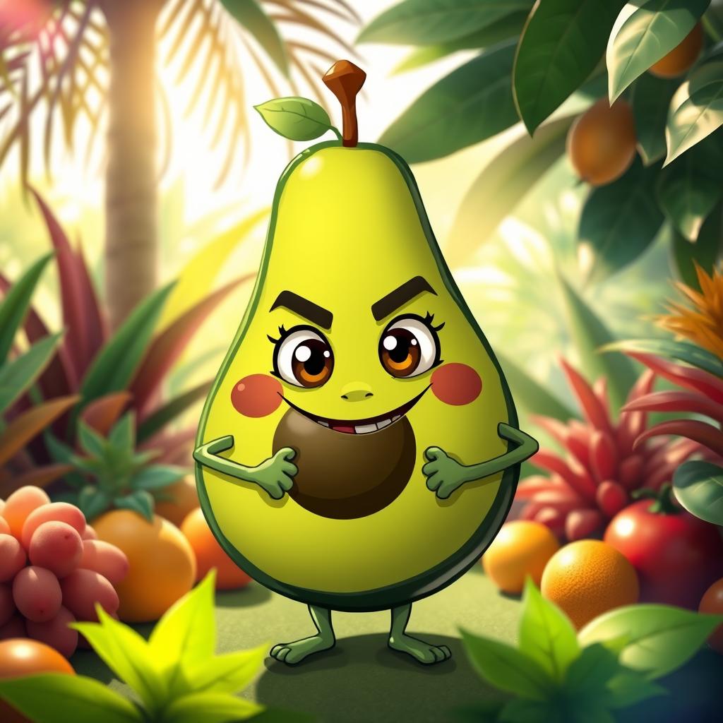 A Tzitzimitl represented as a whimsical avocado character, featuring a mischievous smile and cartoonish eyes