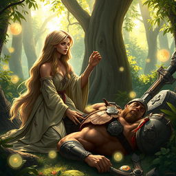 A beautiful fantasy female healer, with long flowing hair and an ethereal glow, dressed in elegant, nature-inspired robes adorned with intricate patterns of leaves and flowers