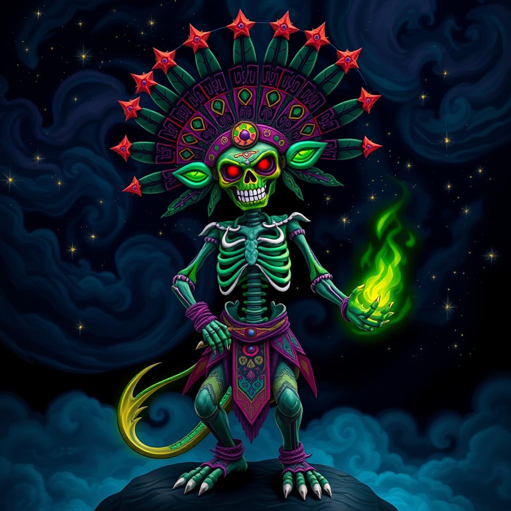 A Tzitzimitl, depicted in a mythical and intricate manner, resembling a vibrant, demon-like celestial being from Mesoamerican mythology