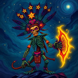 A Tzitzimitl, depicted in a mythical and intricate manner, resembling a vibrant, demon-like celestial being from Mesoamerican mythology