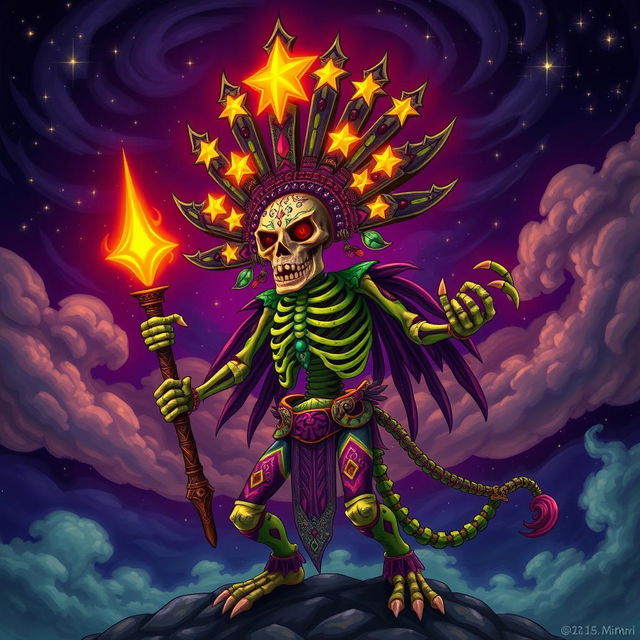 A Tzitzimitl, depicted in a mythical and intricate manner, resembling a vibrant, demon-like celestial being from Mesoamerican mythology