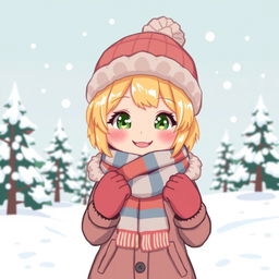 A charming pixel art style illustration of a girl with short, bright blonde hair, bundled up for winter