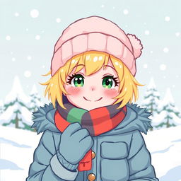 A charming pixel art style illustration of a girl with short, bright blonde hair, bundled up for winter