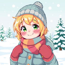 A charming pixel art style illustration of a girl with short, bright blonde hair, bundled up for winter