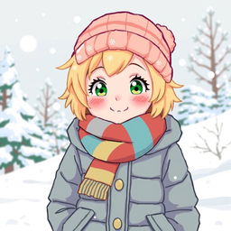 A charming pixel art style illustration of a girl with short, bright blonde hair, bundled up for winter