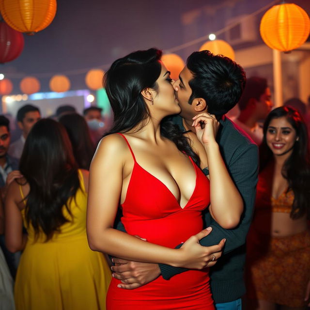 A vibrant and sensual scene capturing a college party atmosphere, featuring a woman resembling Nushrat Bharucha in a striking red minidress