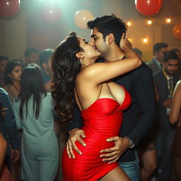 A vibrant and sensual scene capturing a college party atmosphere, featuring a woman resembling Nushrat Bharucha in a striking red minidress
