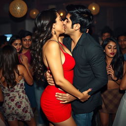 A vibrant and sensual scene capturing a college party atmosphere, featuring a woman resembling Nushrat Bharucha in a striking red minidress